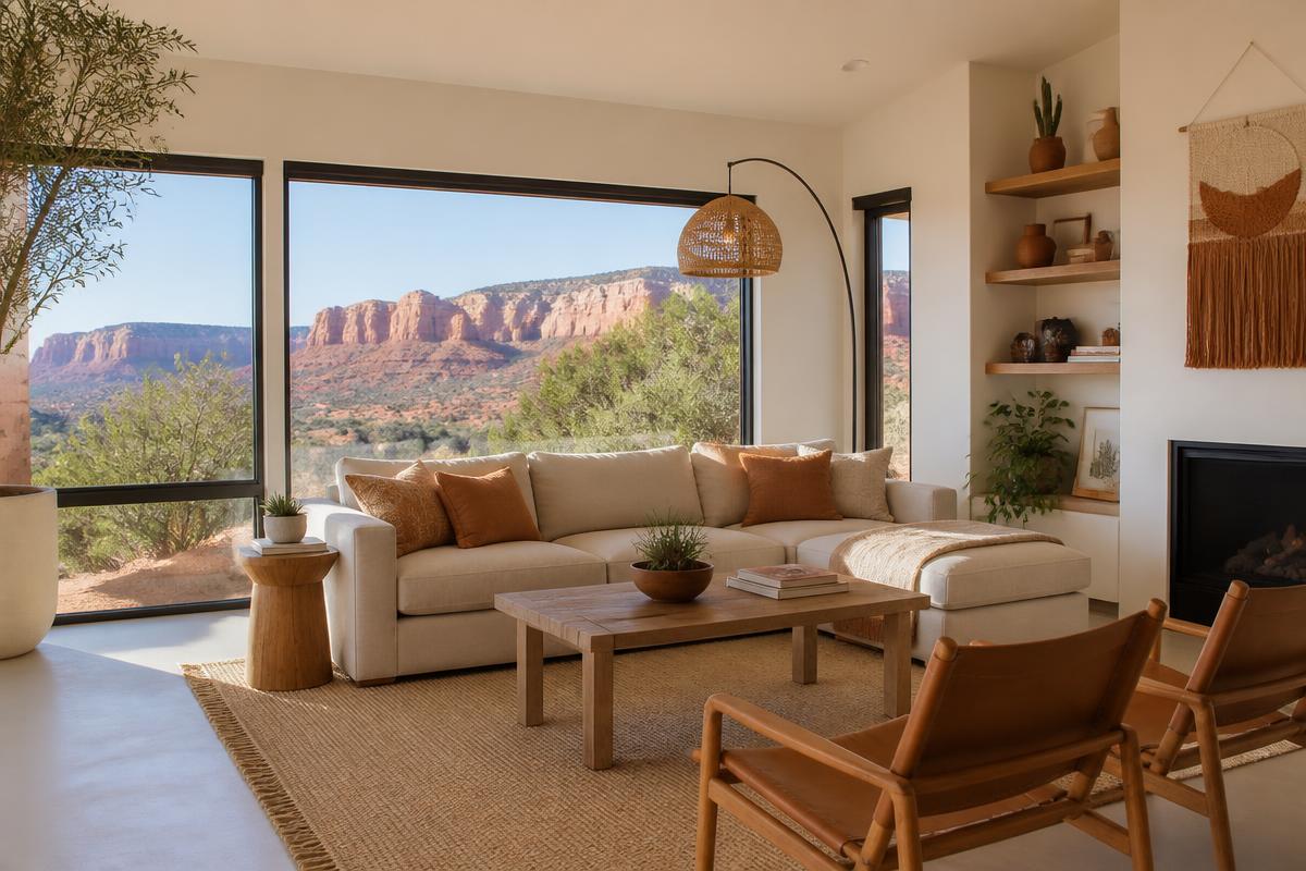 Bright living room with red-rock views