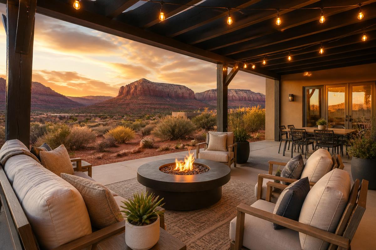 Covered patio with fire pit and canyon views